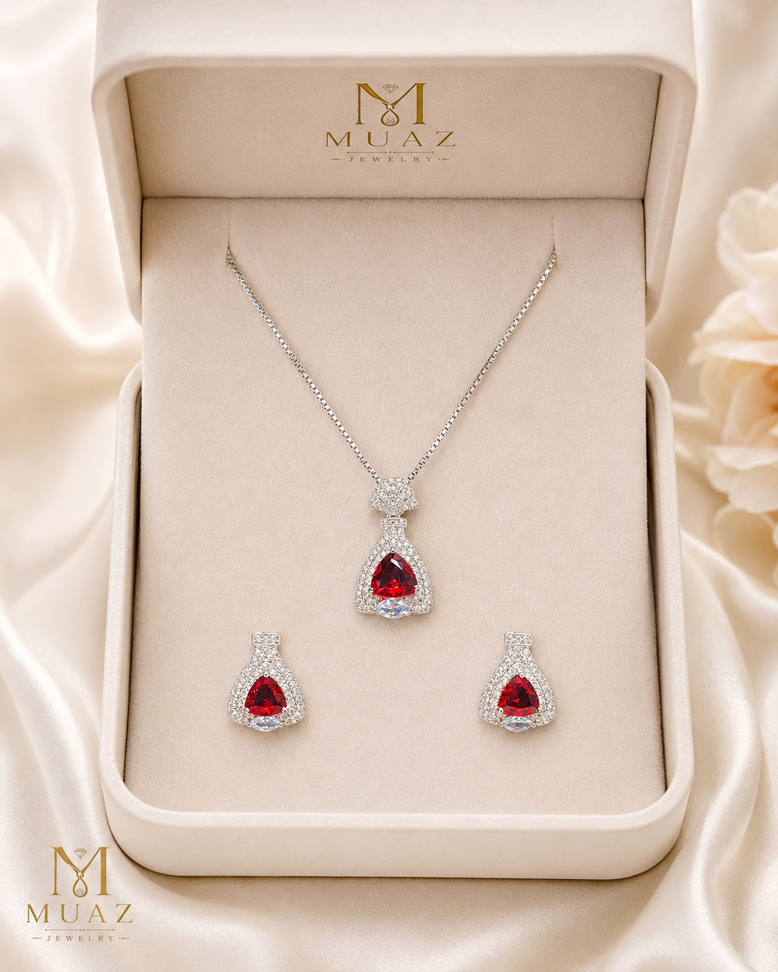 Designer, Luxury Red Ruby-Style Pendant Necklace & Earrings Set