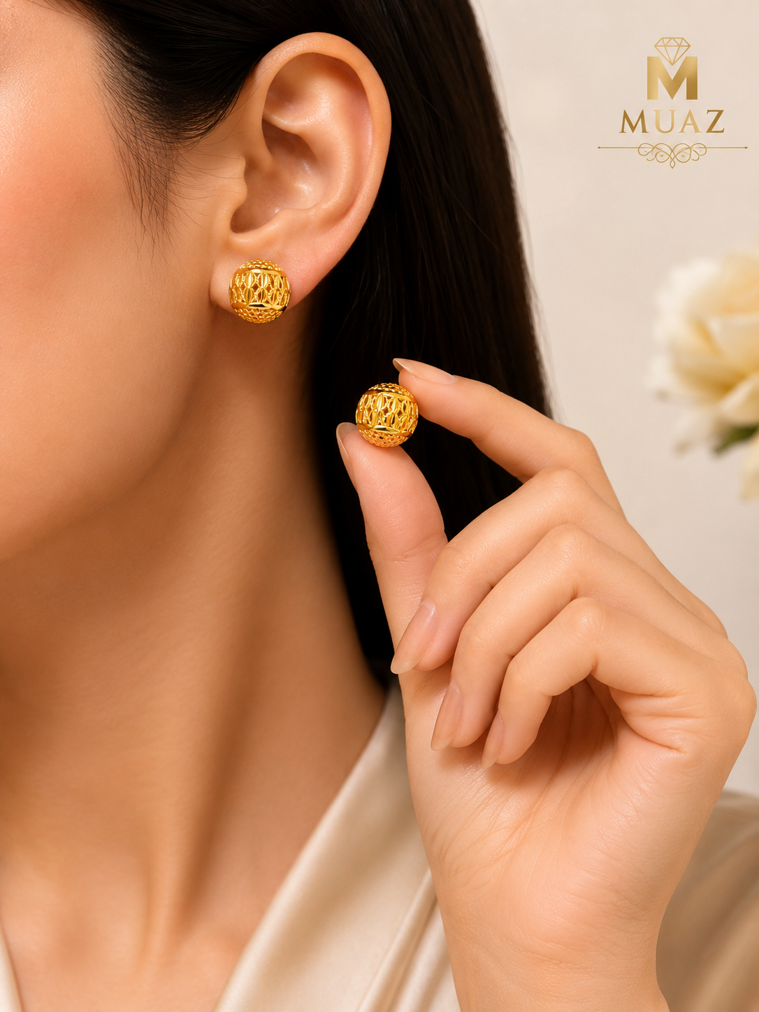 China Gold Round/Oval Stud Tops – Elegant Textured Gold Earrings