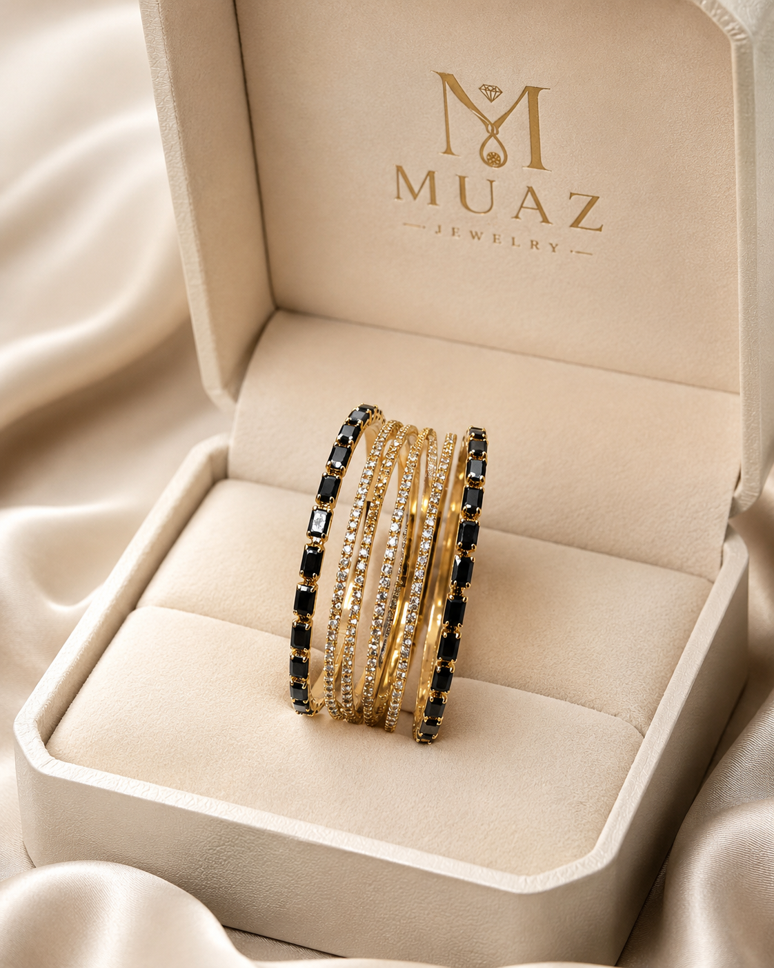 Designer 6-Piece Luxury Gold & Black Stone Bangles Set