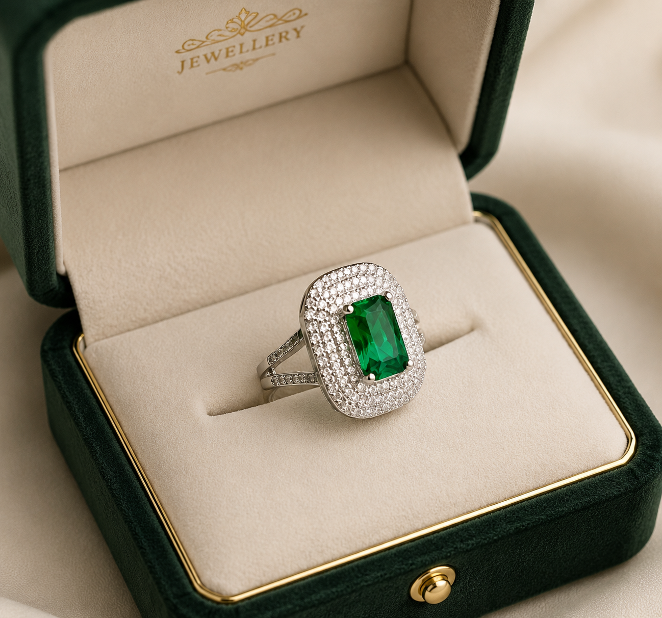Adjustable 1 Carat Emerald Cut Halo Diamond Ring
