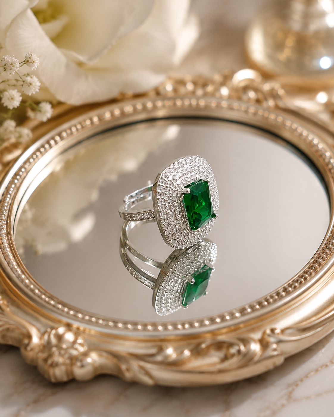Adjustable 1 Carat Emerald Cut Halo Diamond Ring
