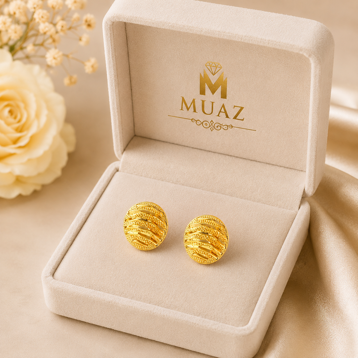 China Gold Round/Oval Stud Tops – Elegant Textured Gold Earrings