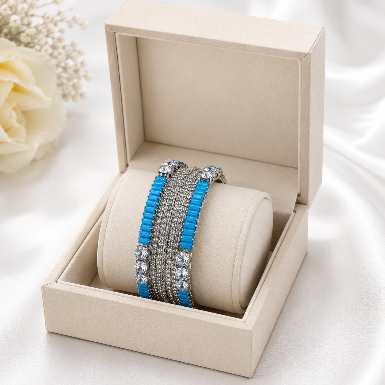 Luxury Silver Turquoise Stone Bangles Size 2.6