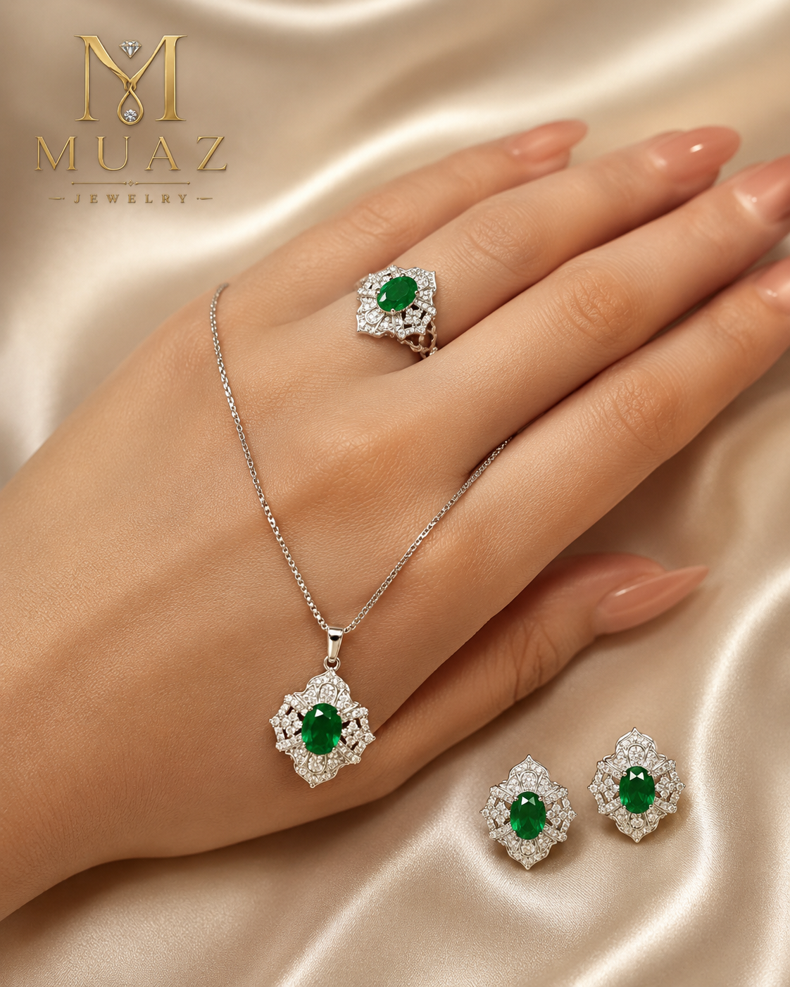 1 Carat Emerald Green Pendant, Ear Studs & Ring Set