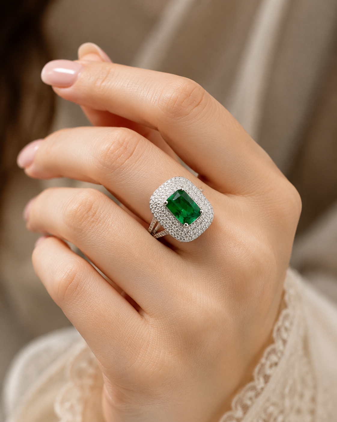Adjustable 1 Carat Emerald Cut Halo Diamond Ring