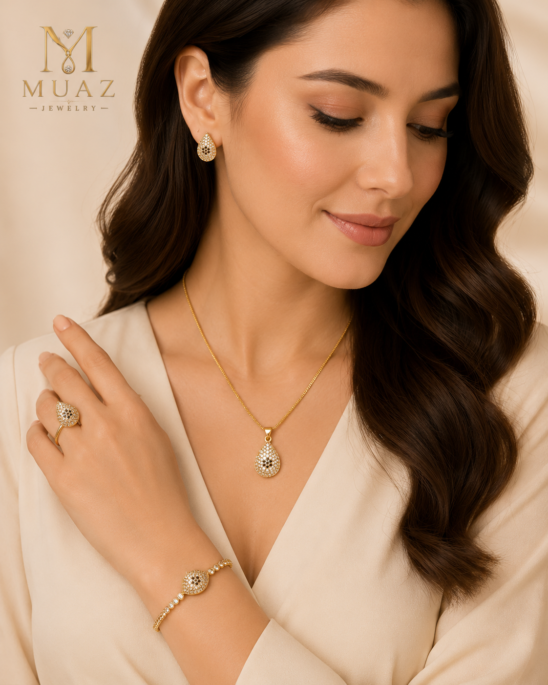 1 Carat Gold Plated Combo Jewelry Set – Pendant, Ear Studs, Ring & Bracelet