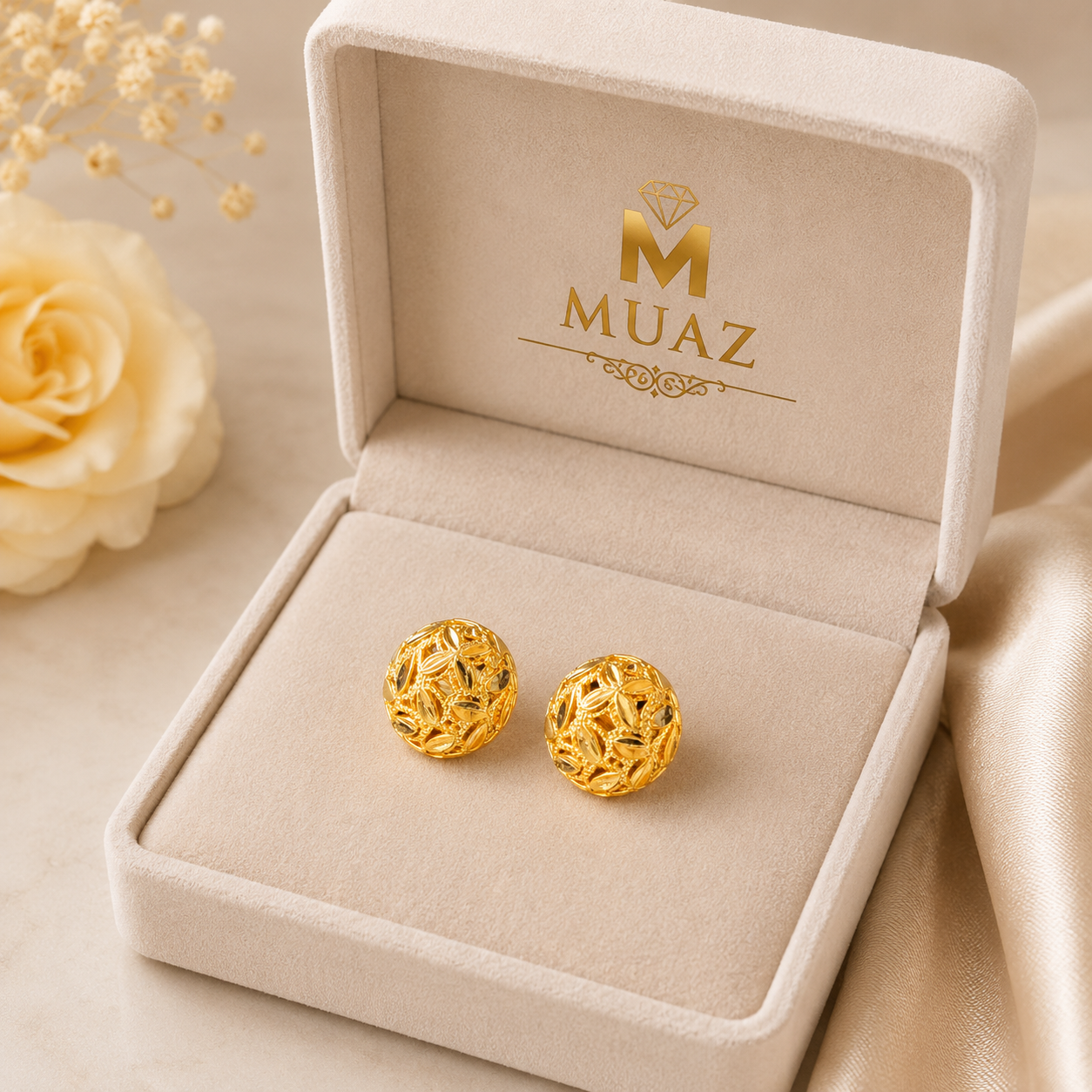 China Gold Round/Oval Stud Tops – Elegant Textured Gold Earrings