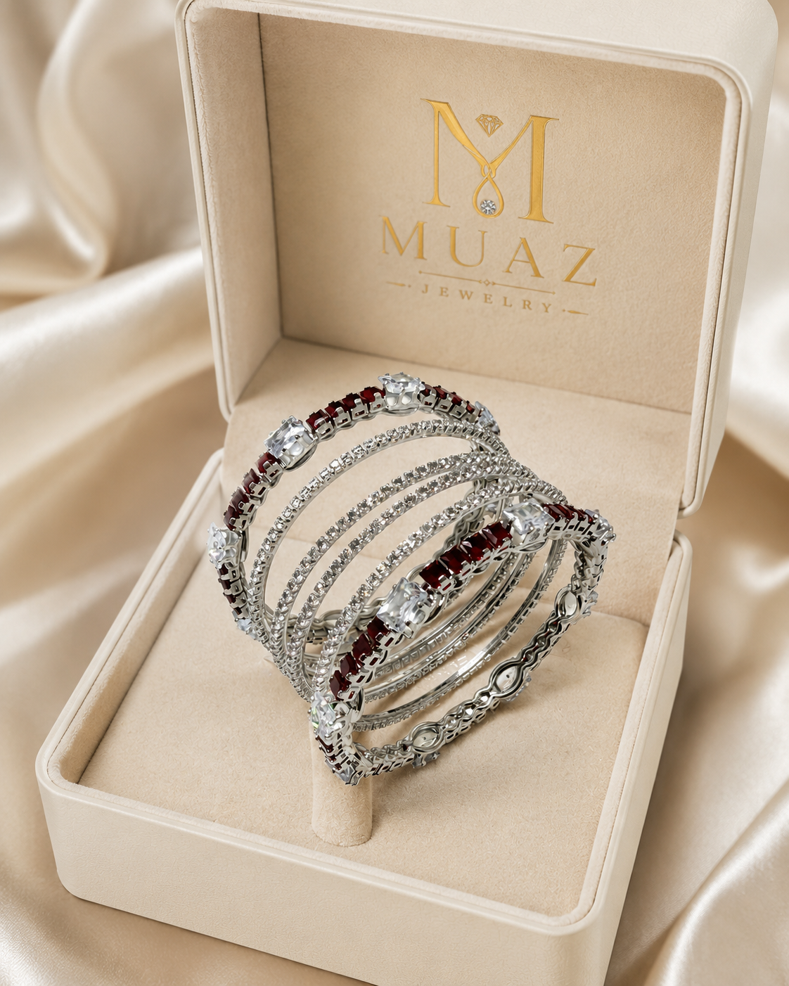 Designer 6-Piece Luxury Gold & Mroon Stone Bangles Set