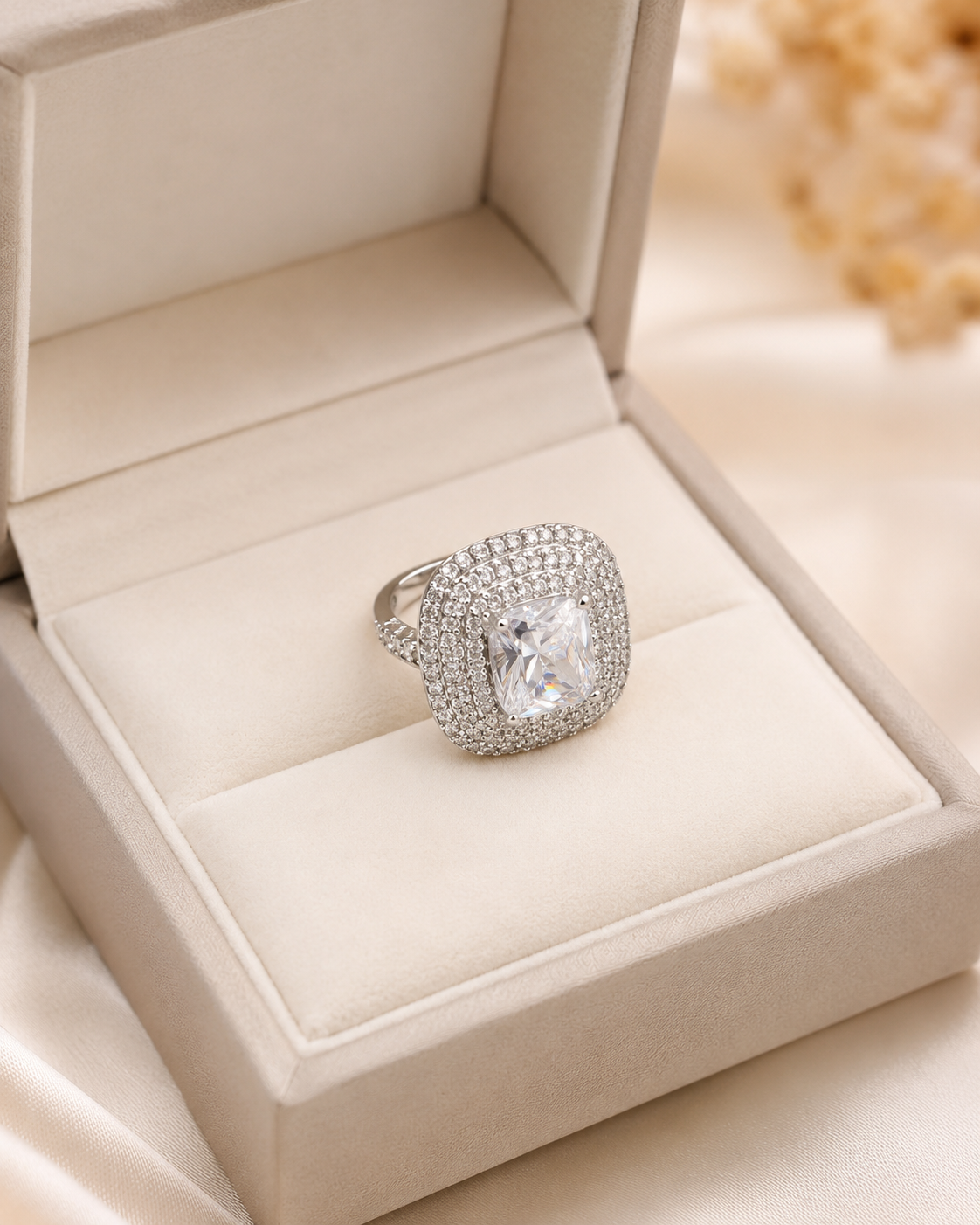 1 Carat Adjustable Cushion Cut Halo Ring – Sterling Silver