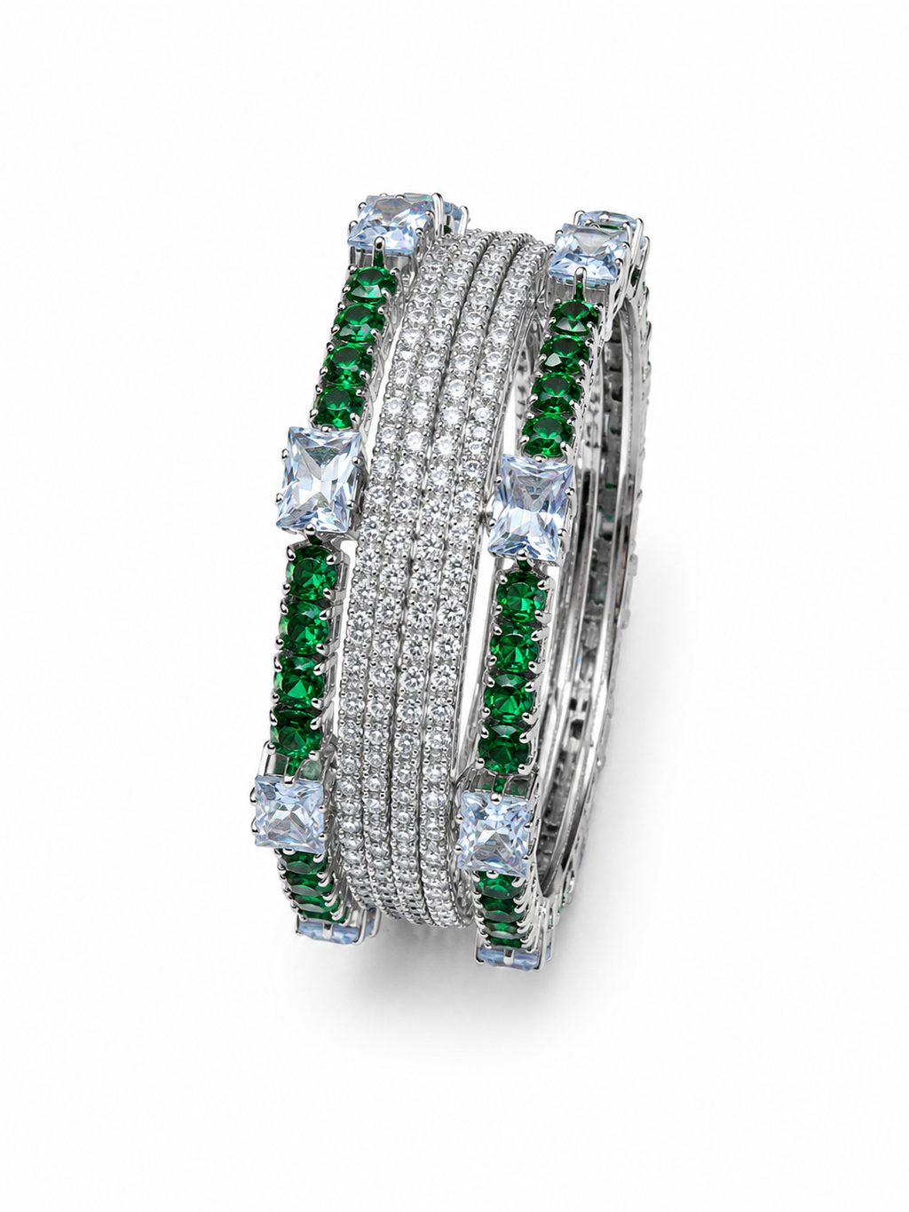 Luxury Silver Green Stone Bangles. Size 2.6