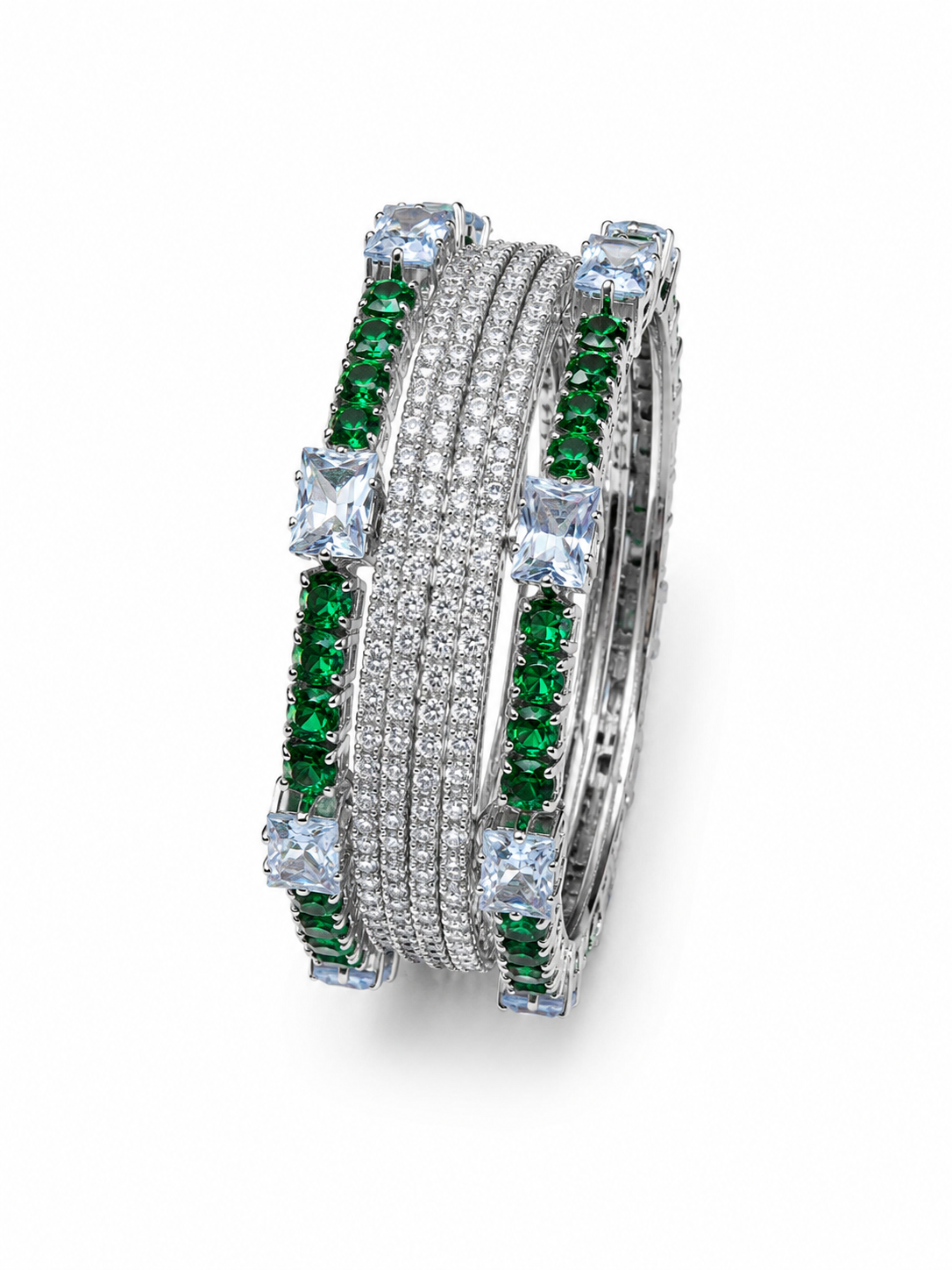 Luxury Silver Green Stone Bangles. Size 2.6