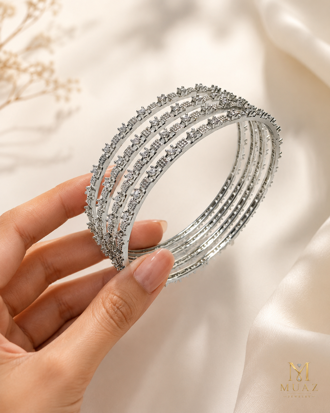 1 Carat Diamond Cut Silver Bangles Set of 4