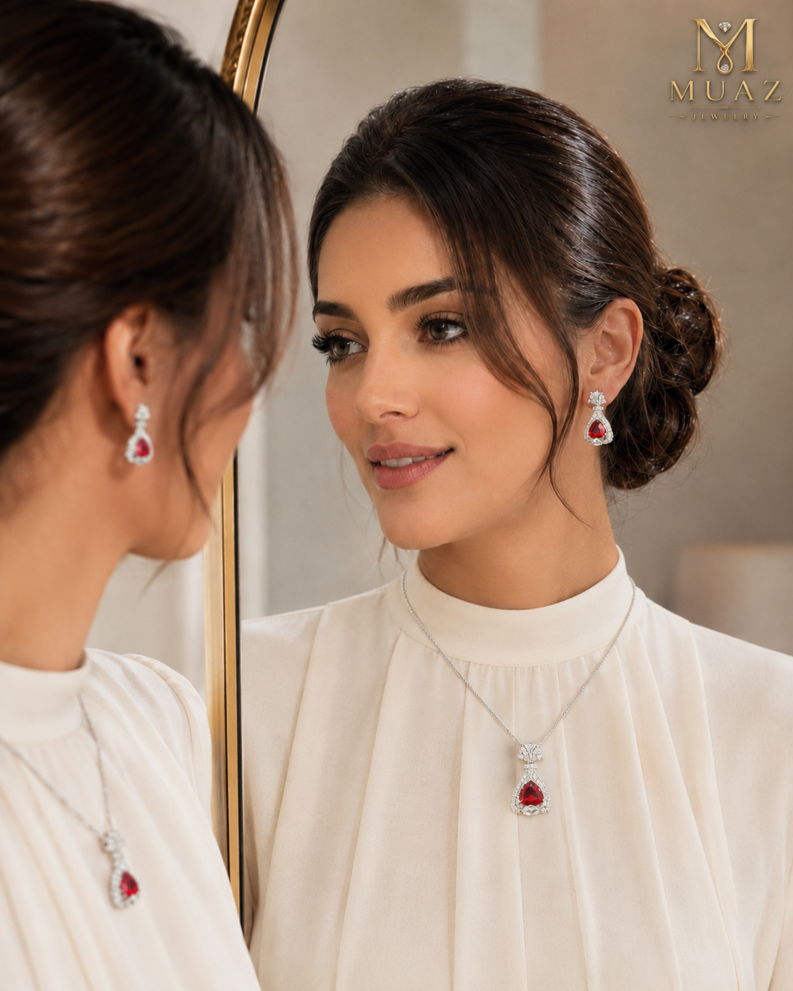Designer, Luxury Red Ruby-Style Pendant Necklace & Earrings Set