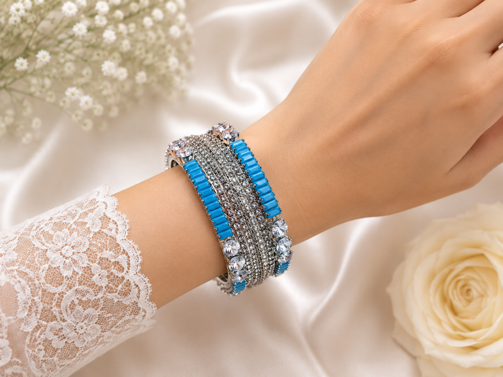Luxury Silver Turquoise Stone Bangles Size 2.6