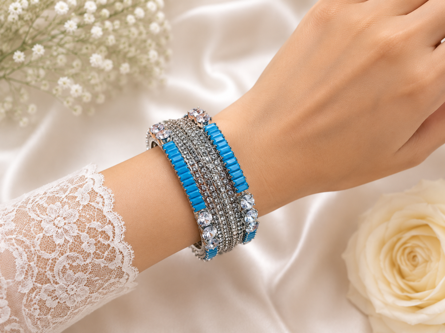 Luxury Silver Turquoise Stone Bangles Size 2.6