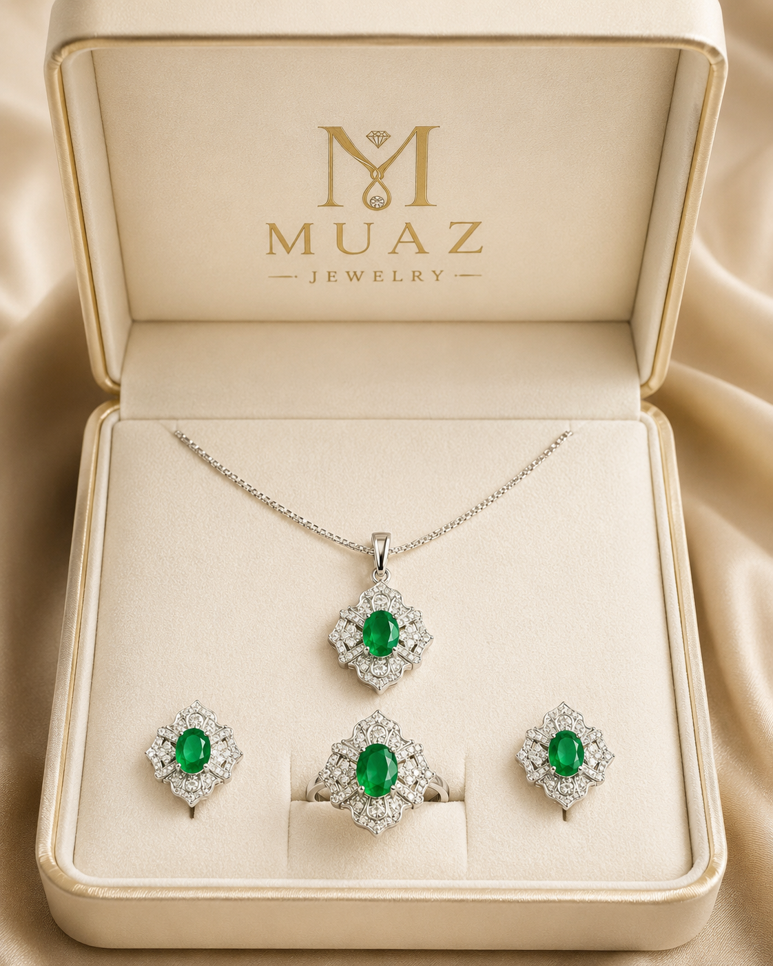 1 Carat Emerald Green Pendant, Ear Studs & Ring Set