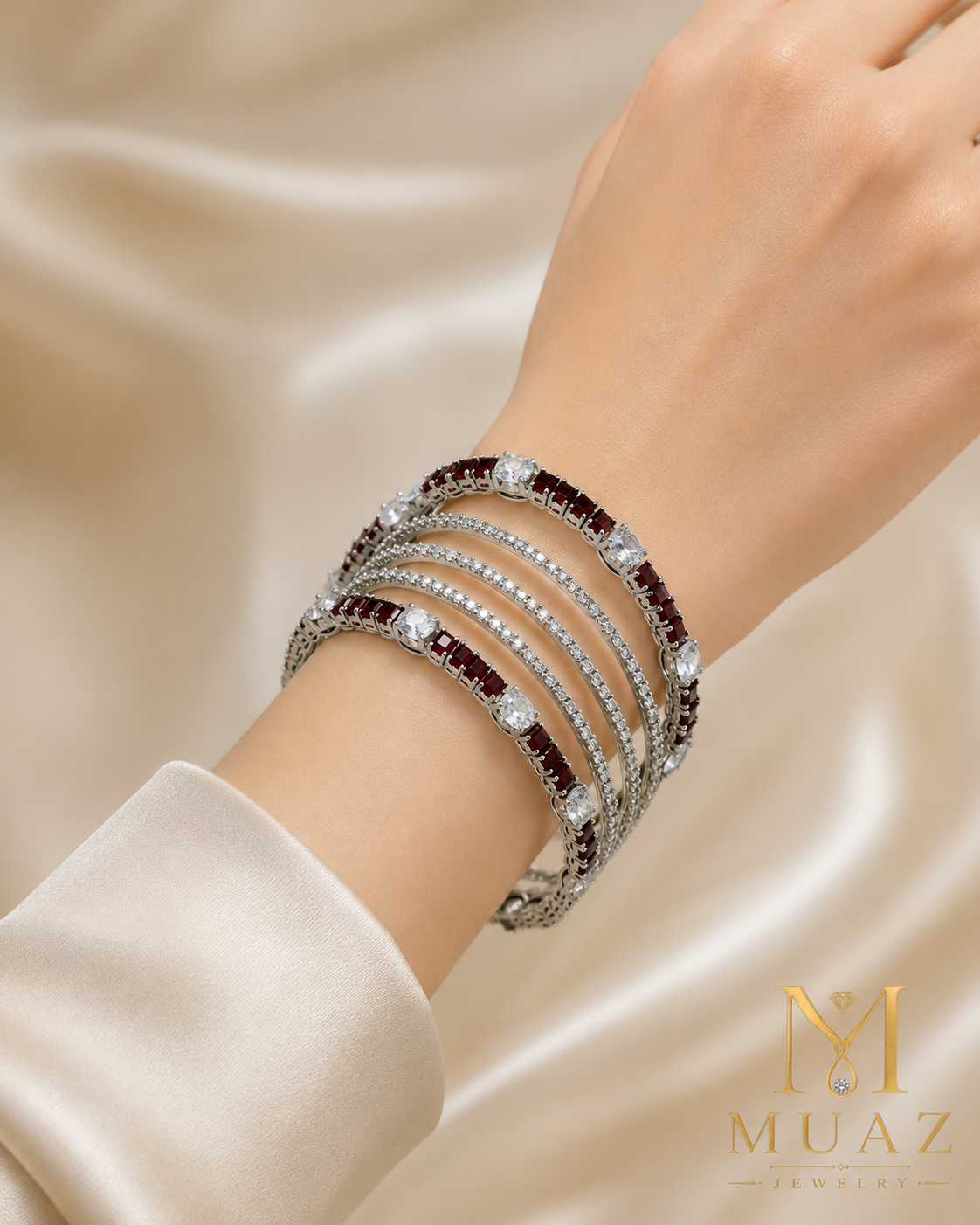 Designer 6-Piece Luxury Gold & Mroon Stone Bangles Set