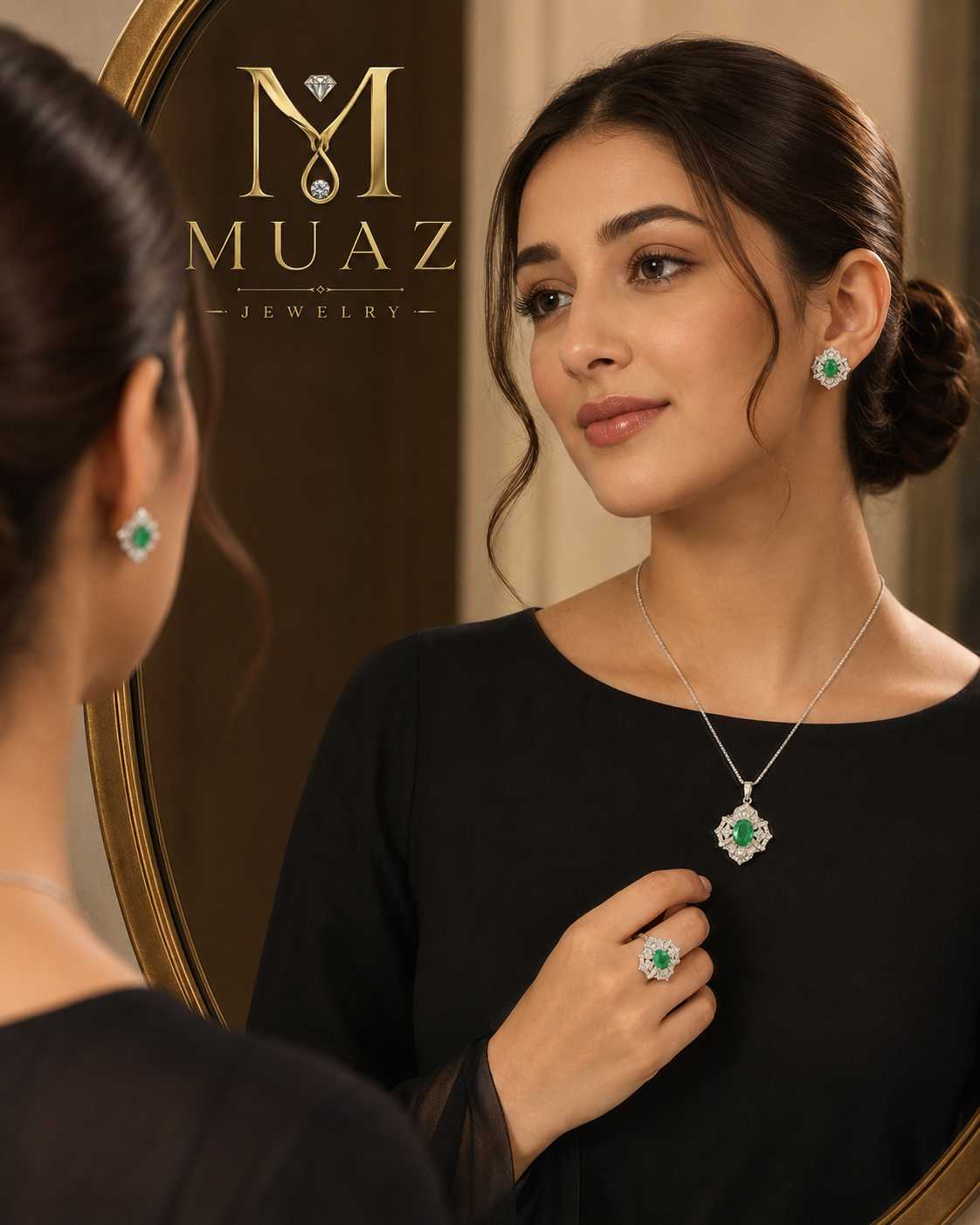 1 Carat Emerald Green Pendant, Ear Studs & Ring Set