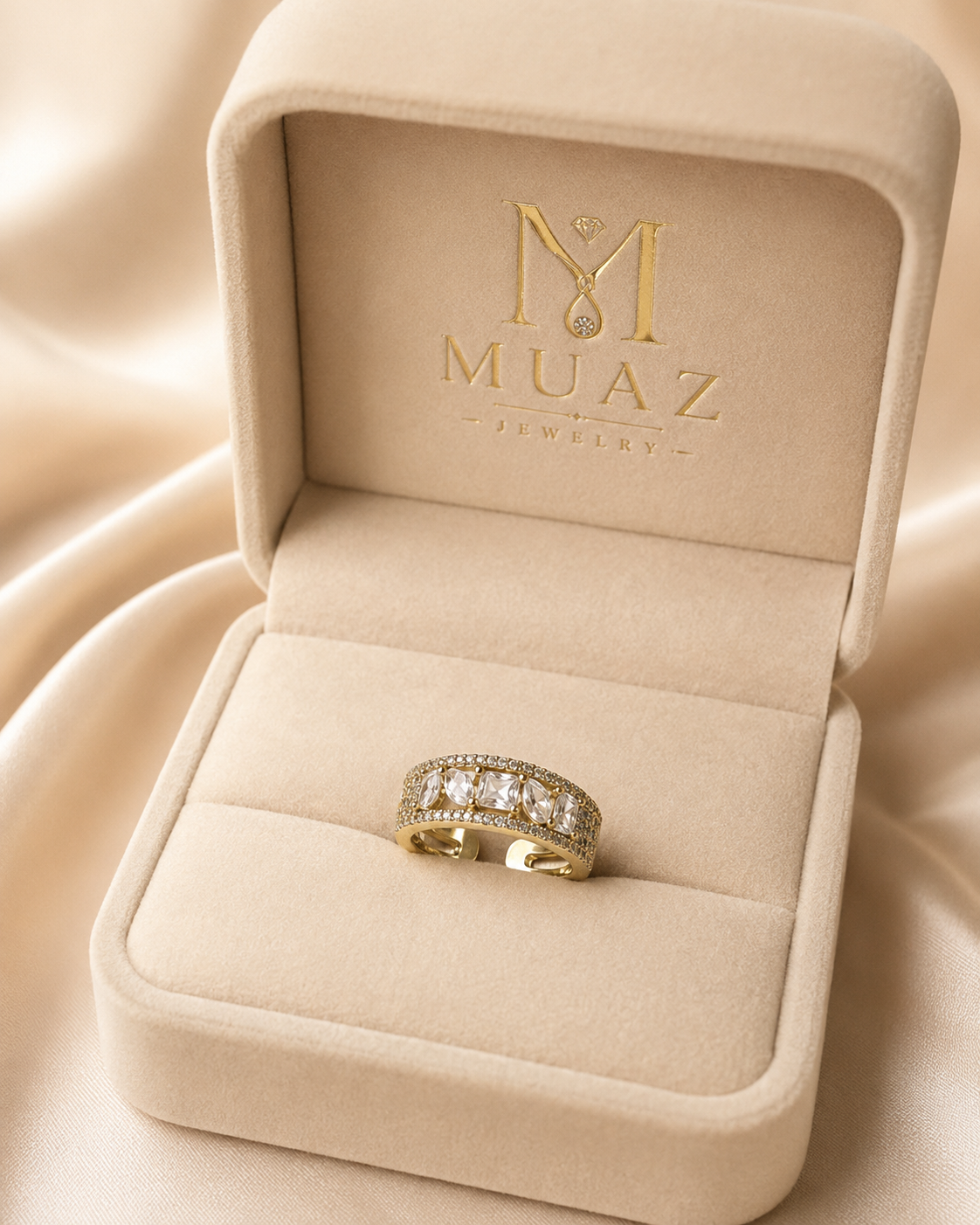 1 Carat Emerald Cut Luxury Ring  Adjustable( Dull Gold With Silver stones)