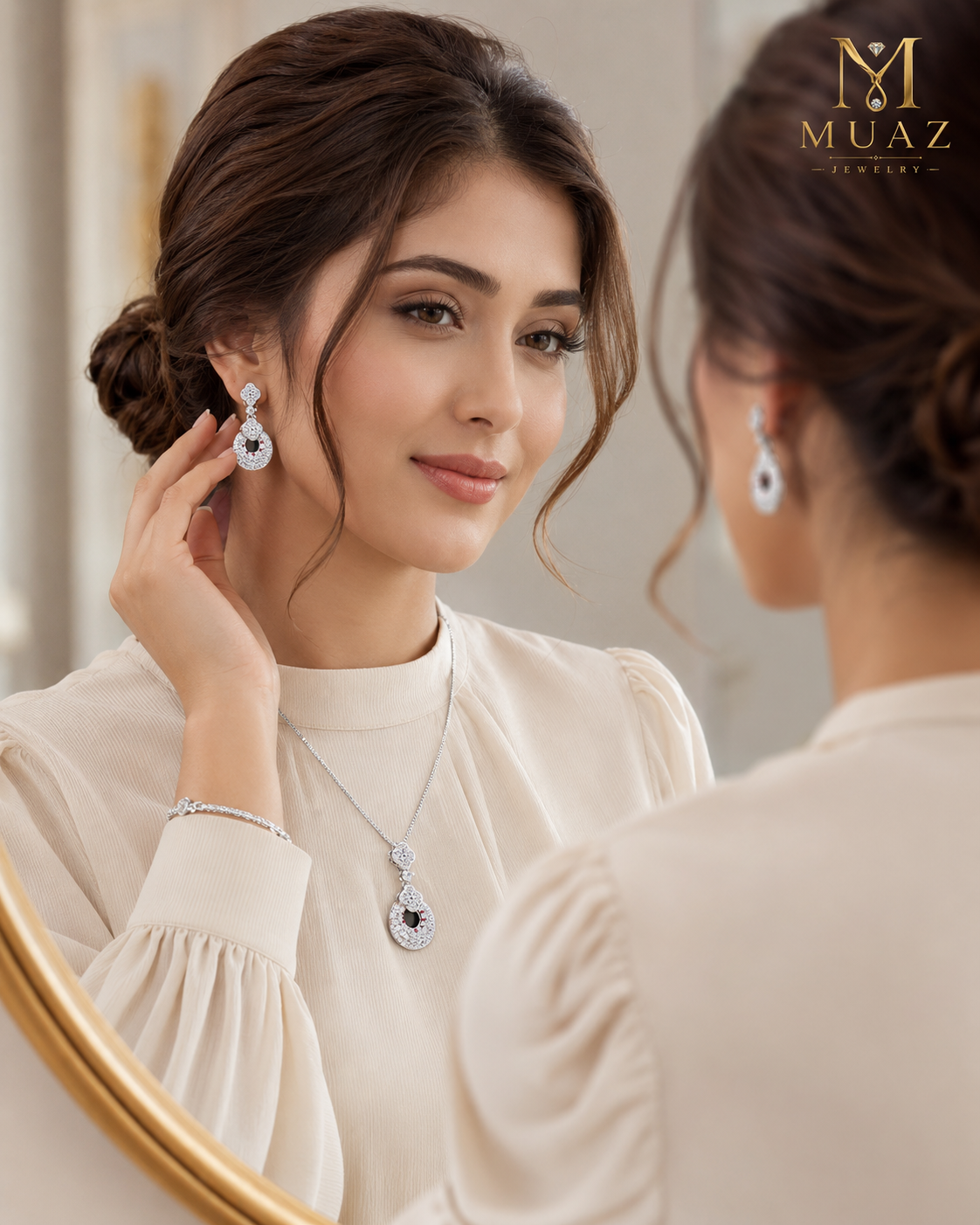 Designer Silver Crystal Pendant Necklace & Earrings Set