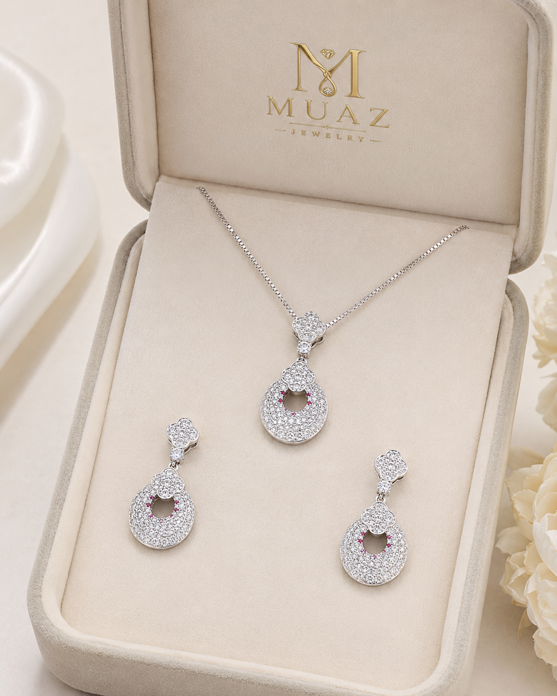 Designer Silver Crystal Pendant Necklace & Earrings Set