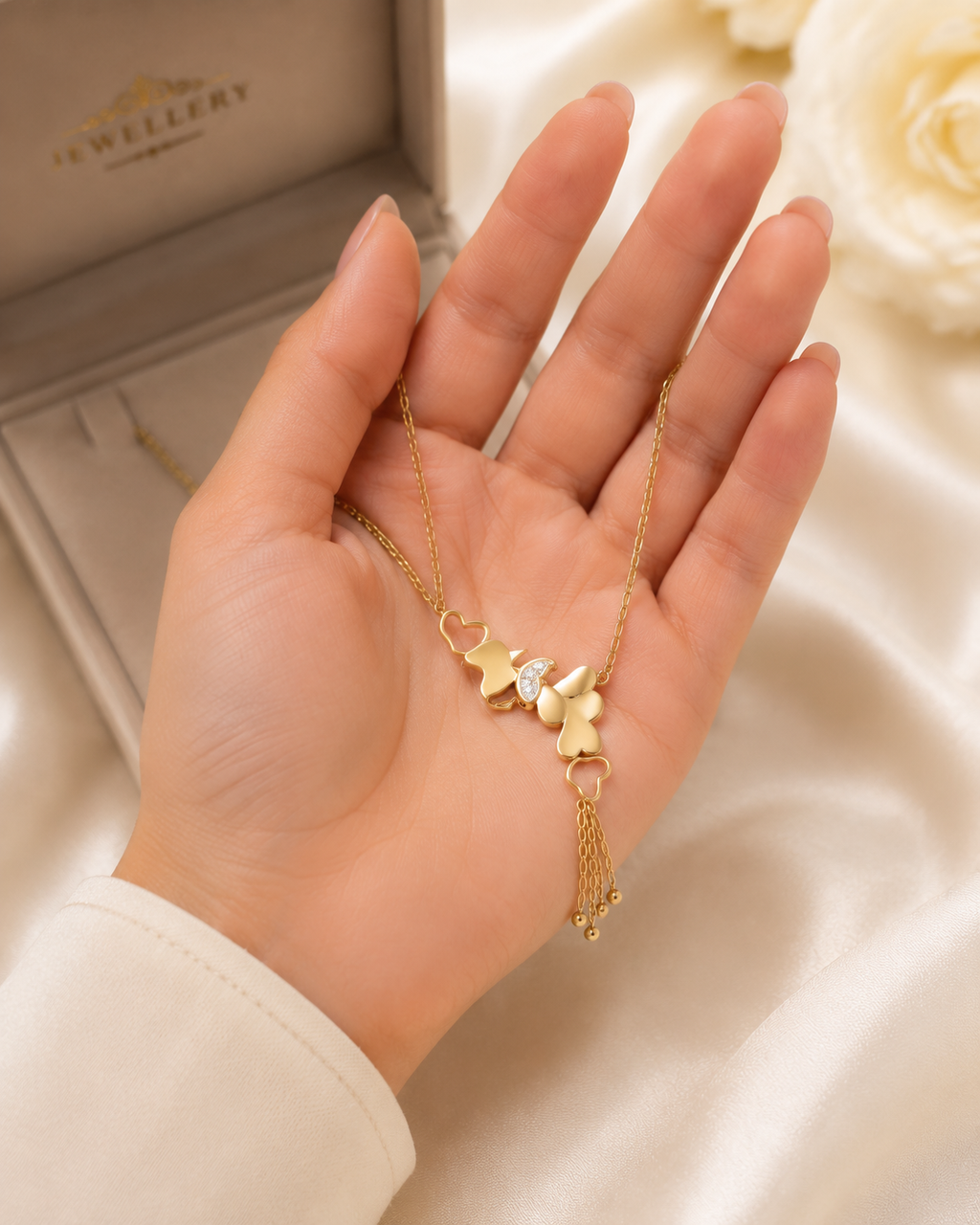 stainless steel  Gold Heart Lariat Necklace – Elegant Hand Presentation