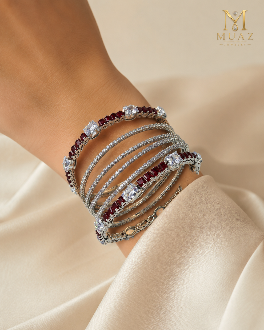 Designer 6-Piece Luxury Gold & Mroon Stone Bangles Set