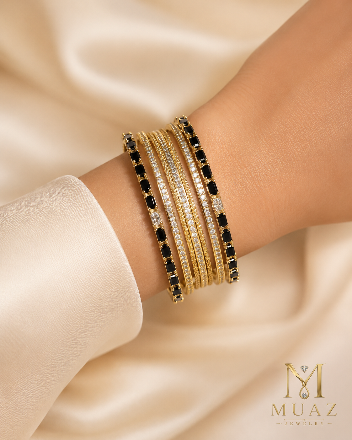 Designer 6-Piece Luxury Gold & Black Stone Bangles Set