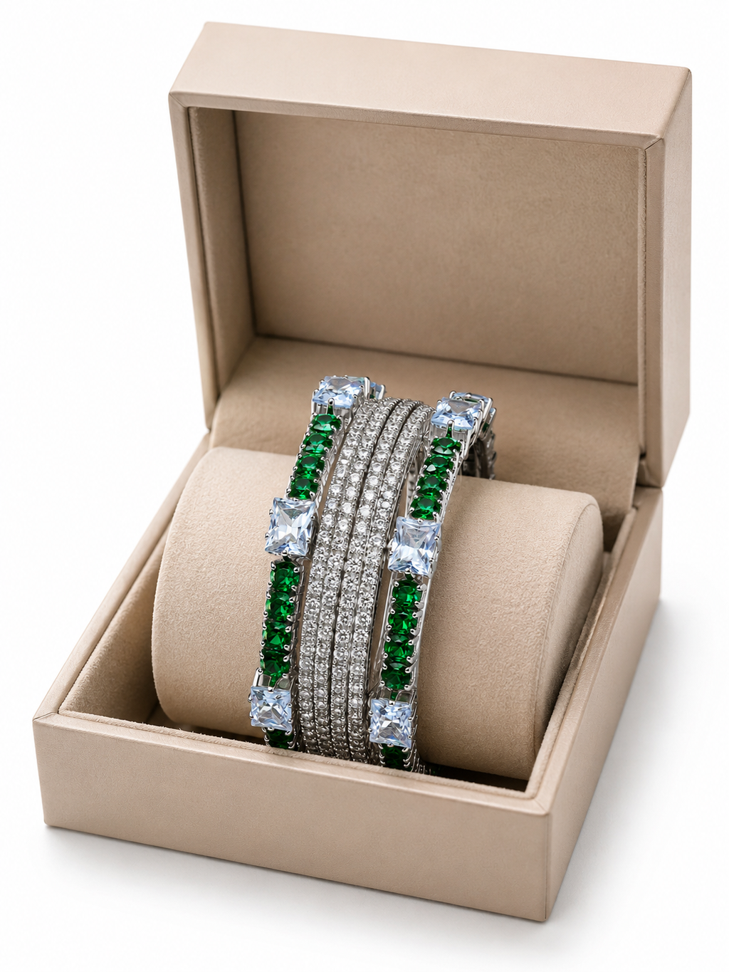 Luxury Silver Green Stone Bangles. Size 2.6