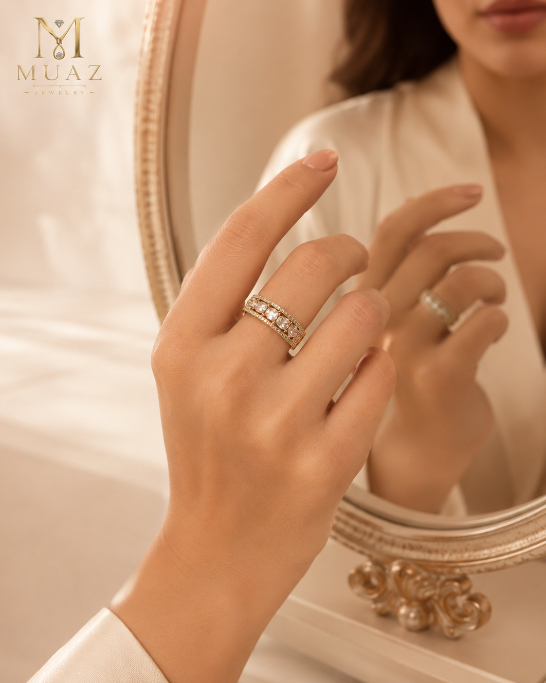 1 Carat Emerald Cut Luxury Ring  Adjustable( Dull Gold With Silver stones)