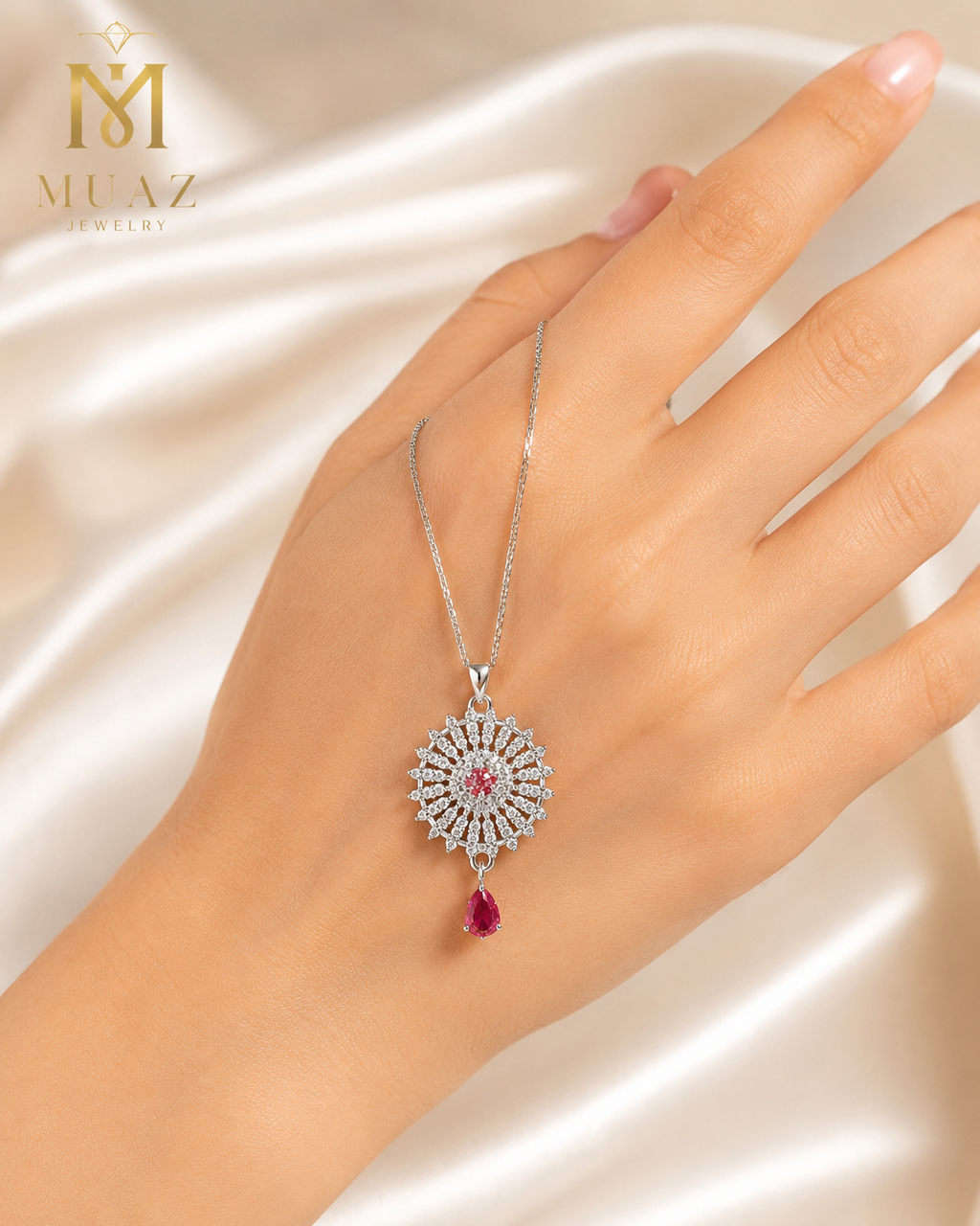 Silver Sunburst Pendant Necklace with Pink Teardrop Stone