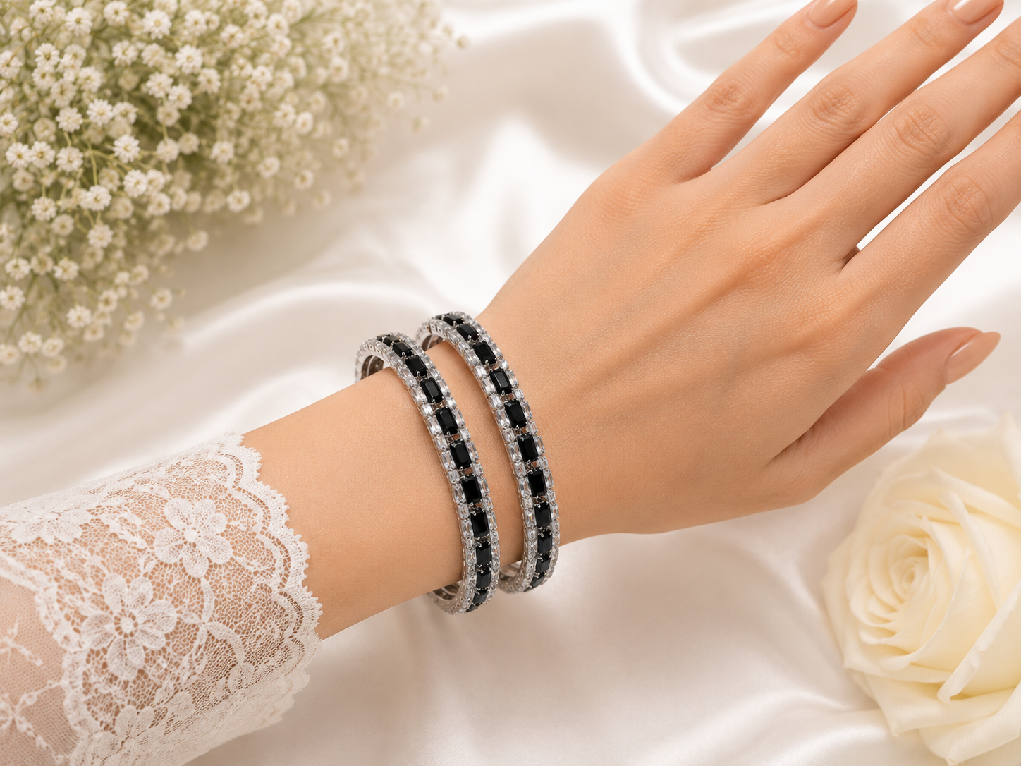 Designer Luxury Silver Black Stone Karra set