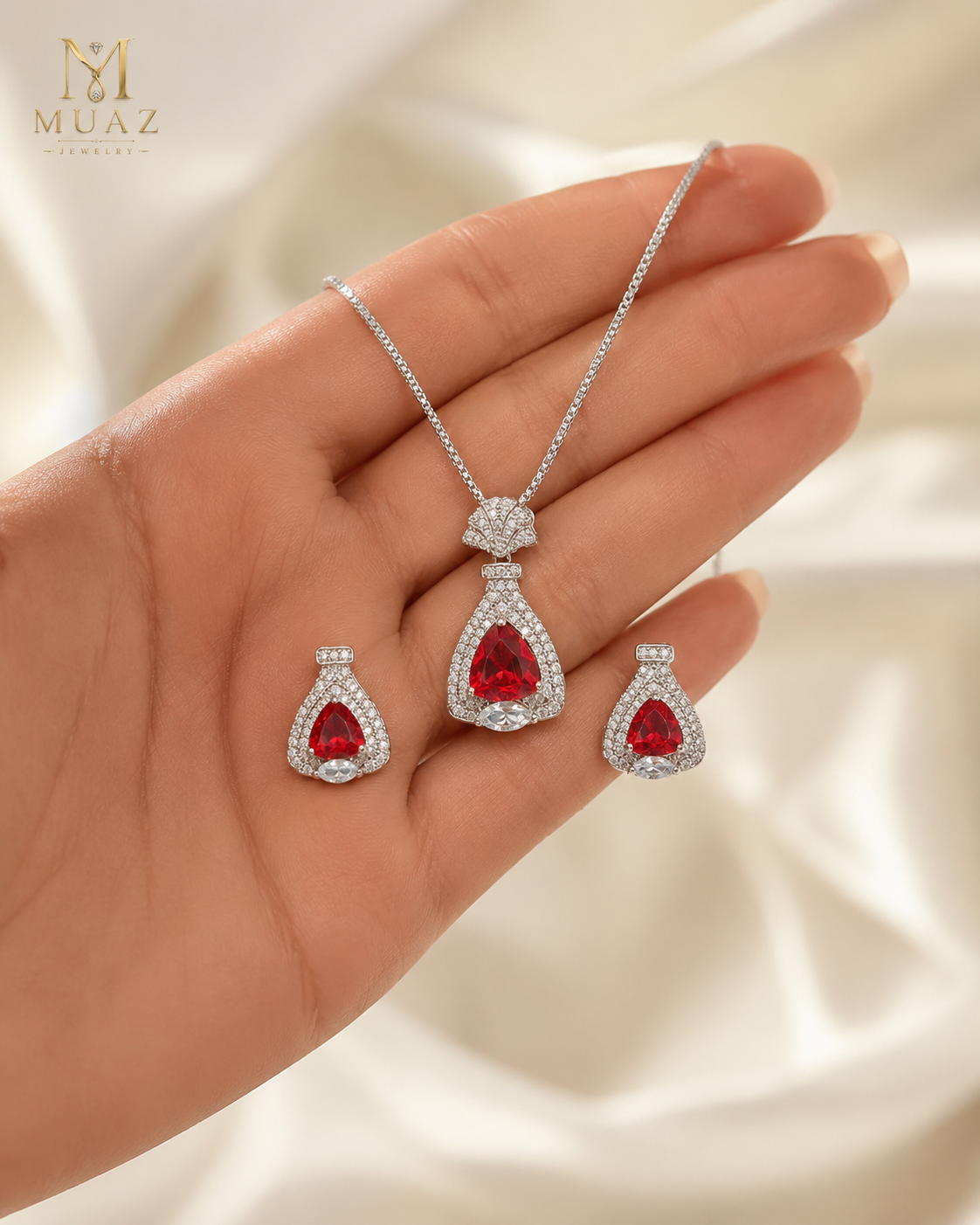 Designer, Luxury Red Ruby-Style Pendant Necklace & Earrings Set
