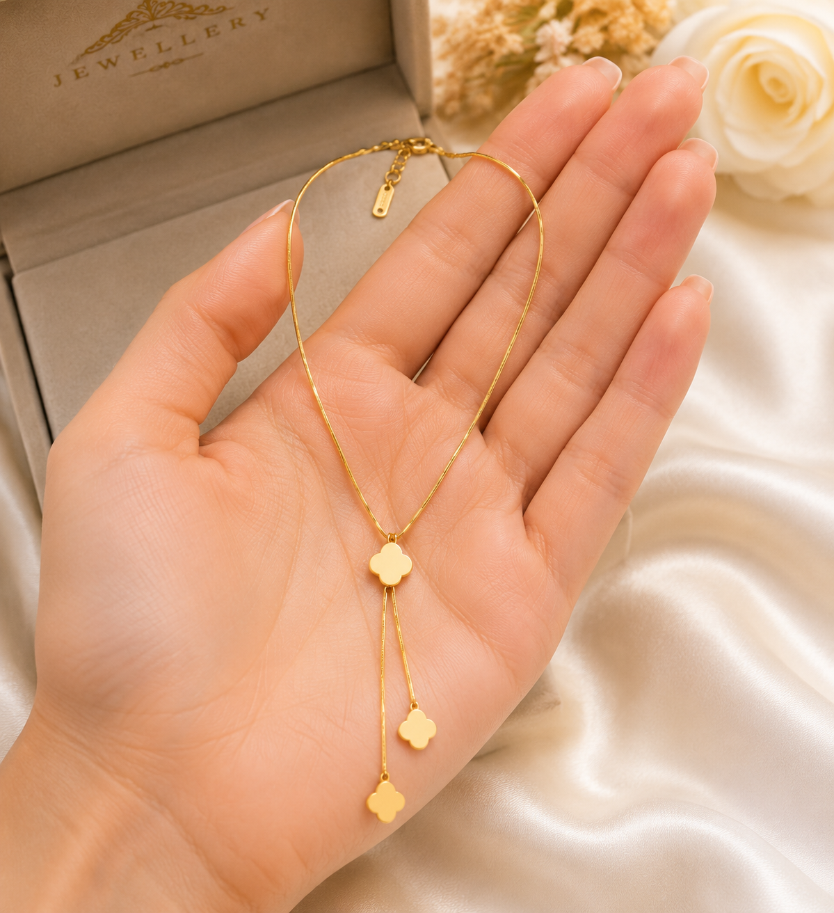 Stainless Steel Clover Lariat Necklace – Minimal Elegant Design