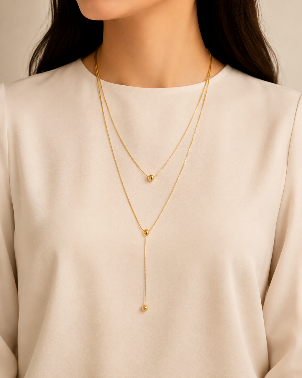 Stainless Steel Lariat Necklace – Minimal Gold Bead Design