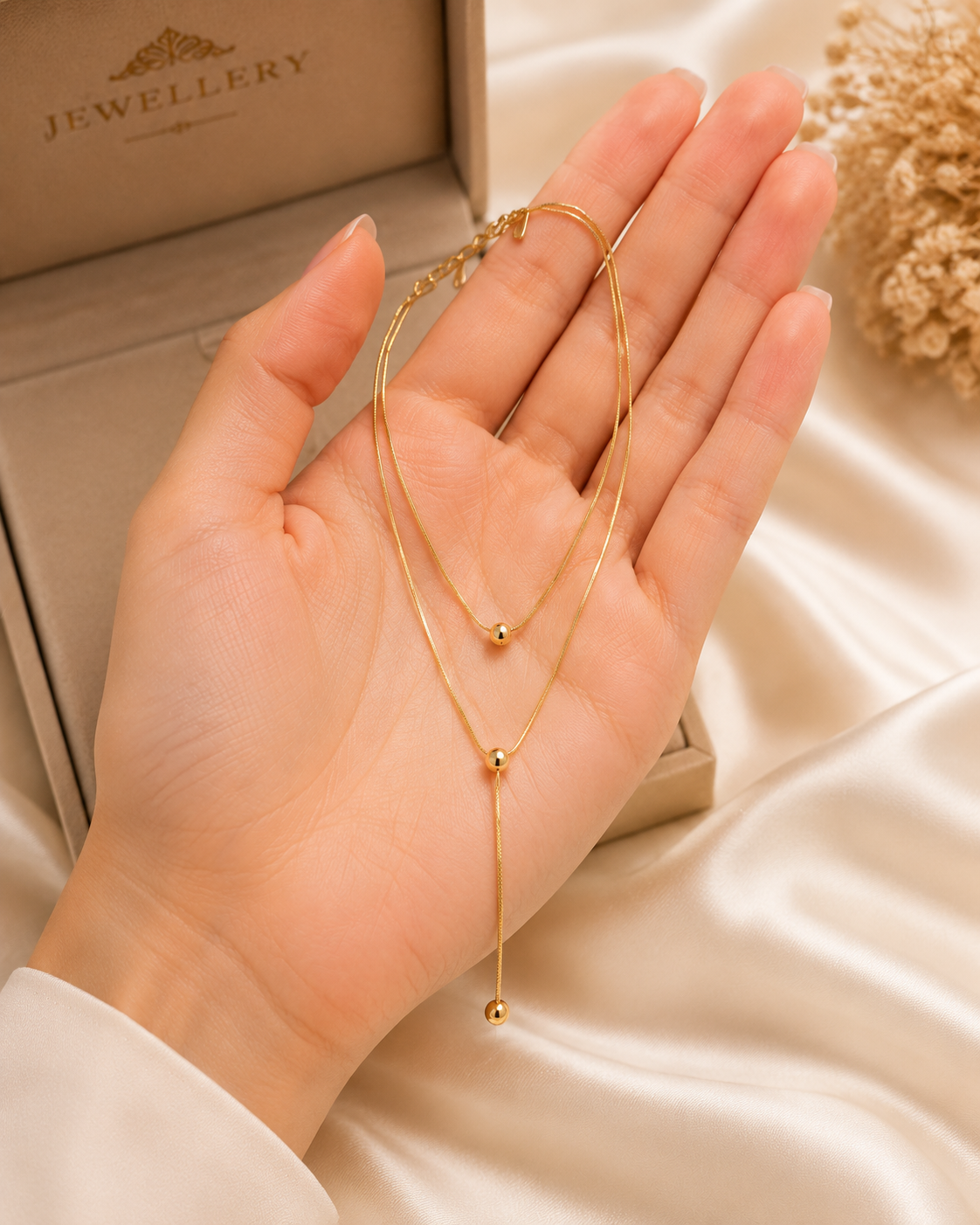 Stainless Steel Lariat Necklace – Minimal Gold Bead Design
