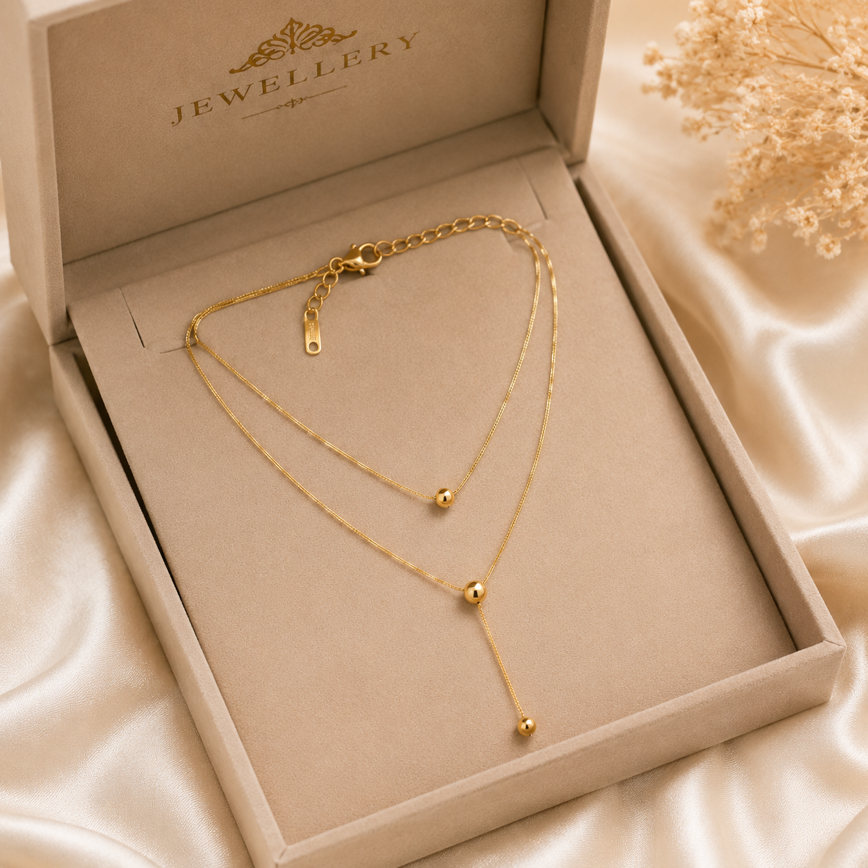 Stainless Steel Lariat Necklace – Minimal Gold Bead Design