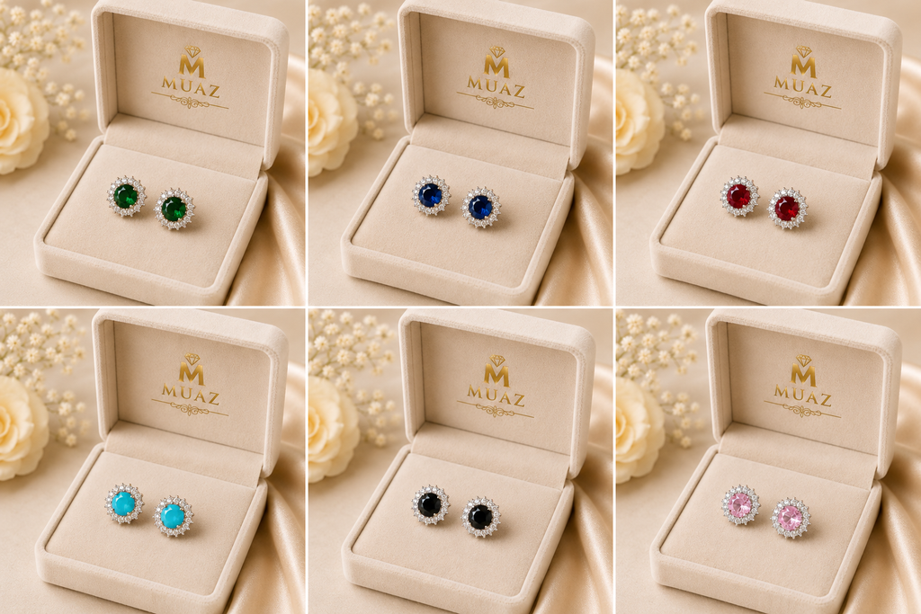 Luxury Silver Halo Tops, Multicolor Stone Stud Earrings