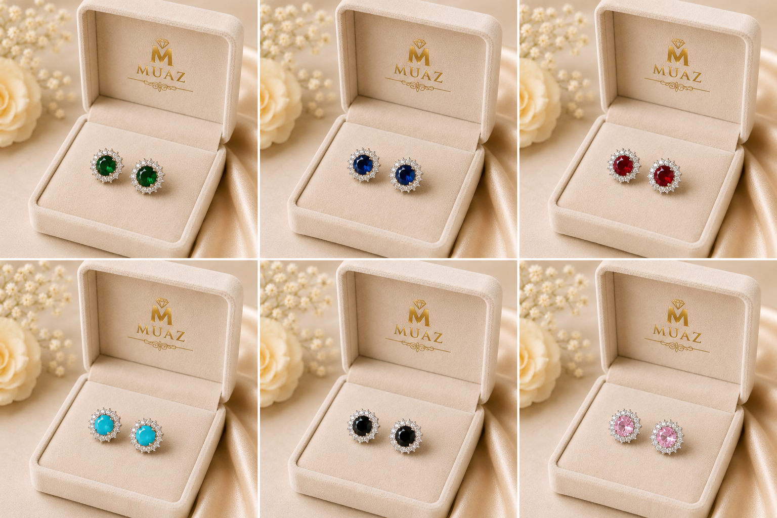 Luxury Silver Halo Tops, Multicolor Stone Stud Earrings