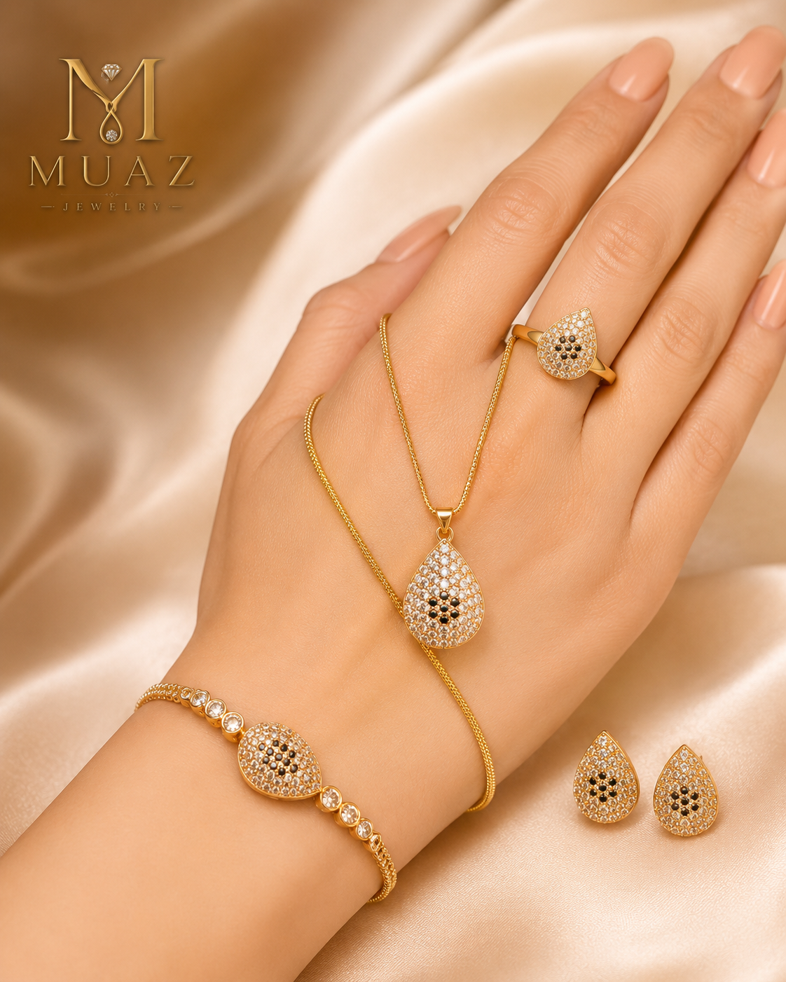 1 Carat Gold Plated Combo Jewelry Set – Pendant, Ear Studs, Ring & Bracelet