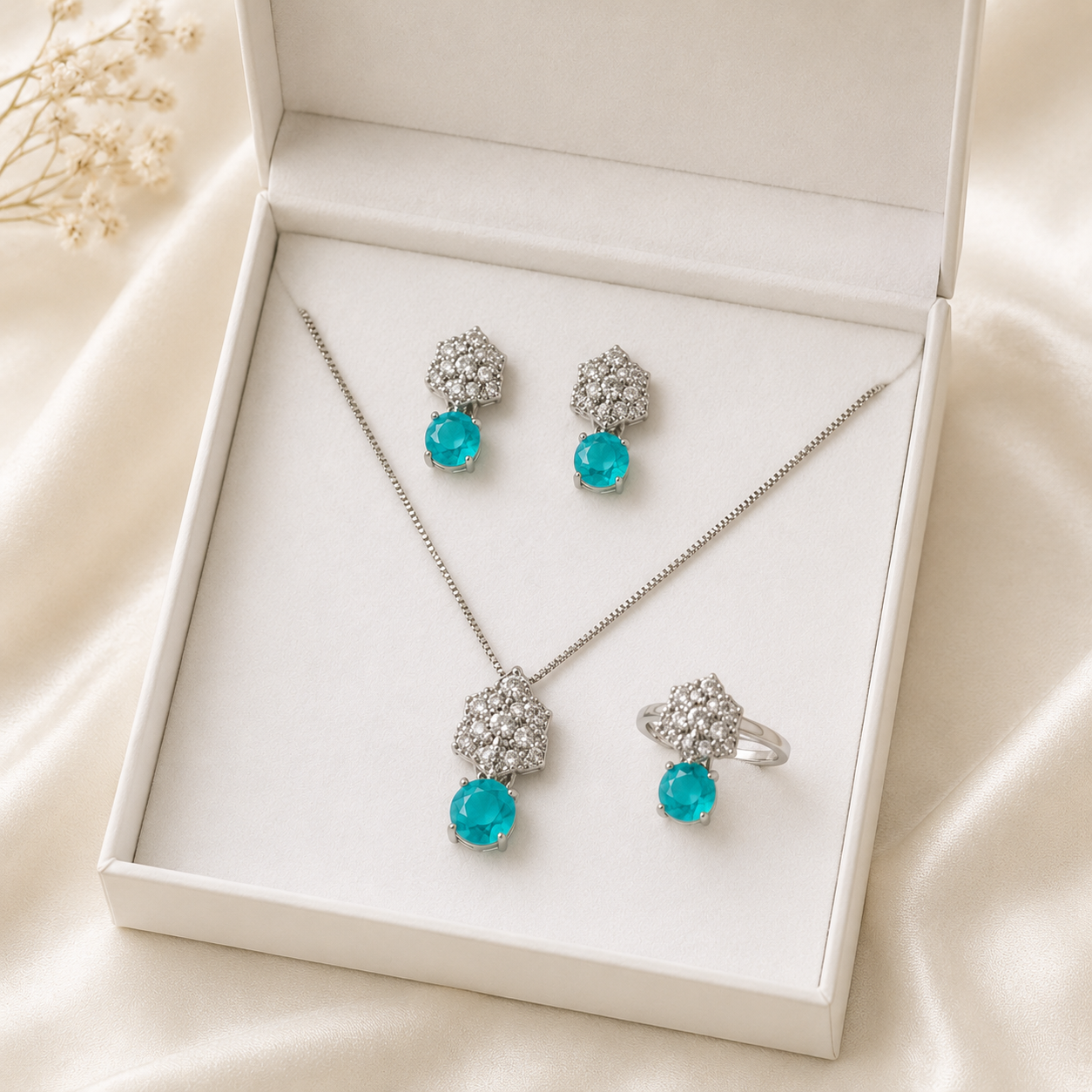 Turquoise/ Pink Elegance Silver Jewelry Set – Necklace, Earrings & Ring