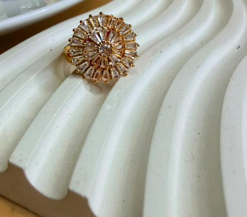 adjustable-Radiant Gold Sunburst Crystal Ring