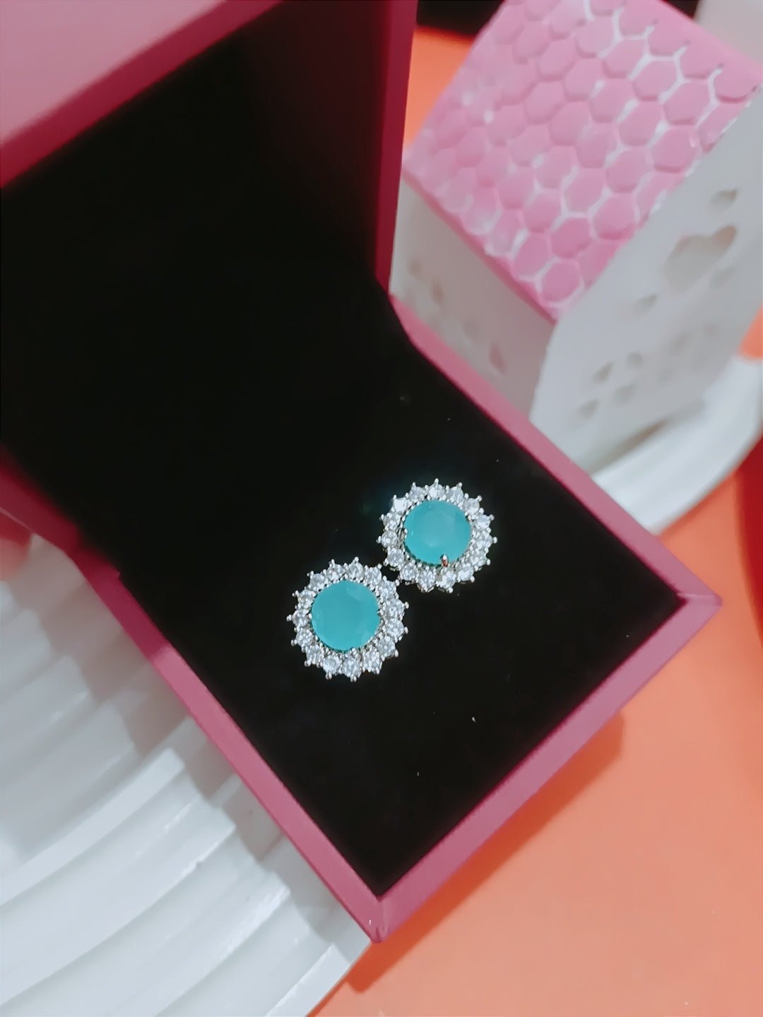 Luxury Silver Halo Tops, Multicolor Stone Stud Earrings