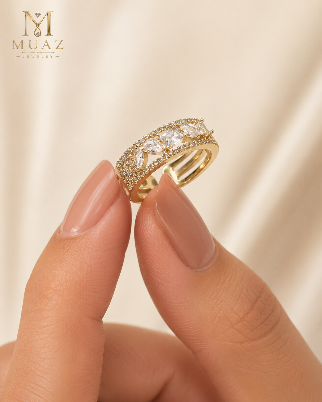 1 Carat Emerald Cut Luxury Ring  Adjustable( Dull Gold With Silver stones)