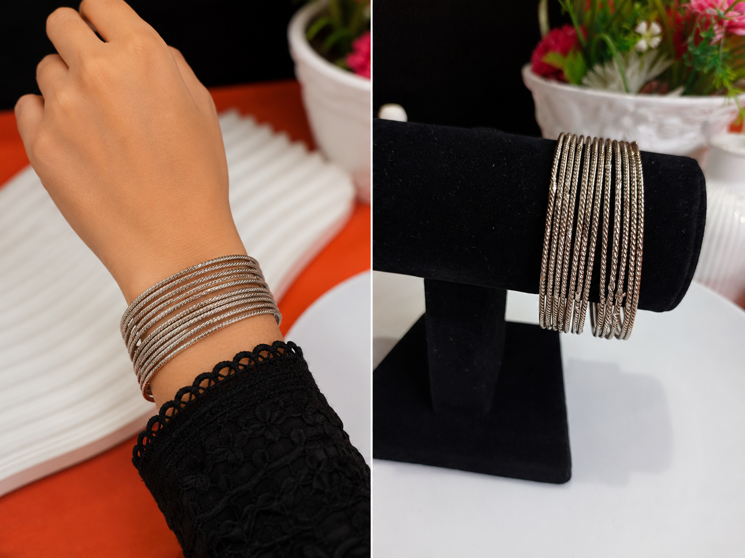 Silver Tone Textured Bangle Set