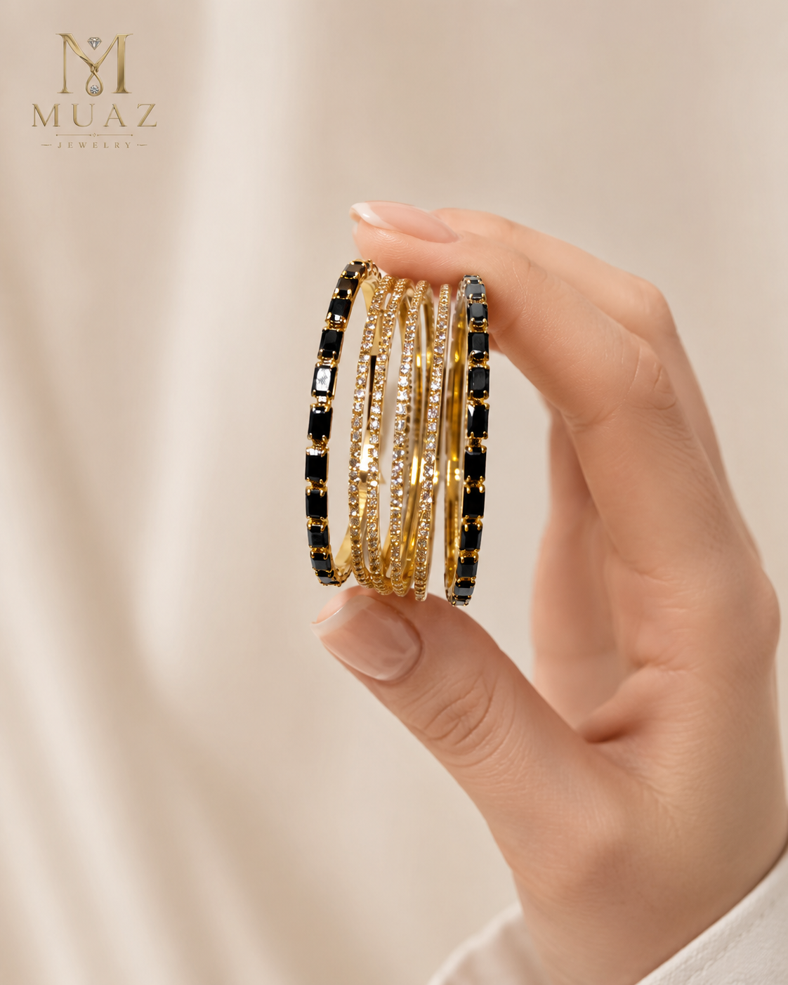 Designer 6-Piece Luxury Gold & Black Stone Bangles Set