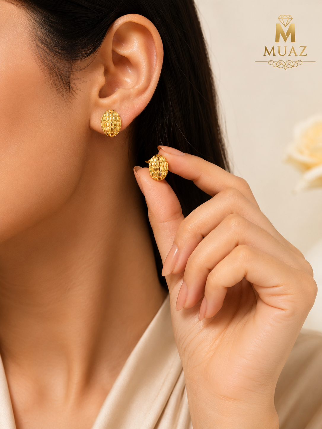 China Gold Oval Stud Tops – Elegant Textured Gold Earrings