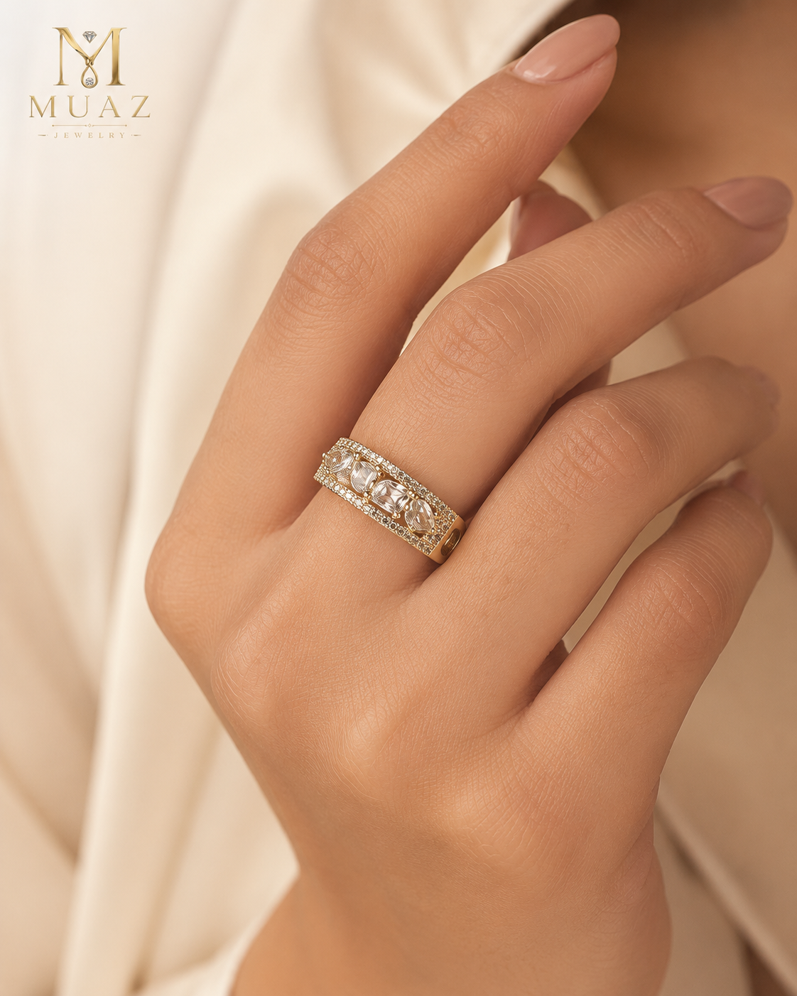 1 Carat Emerald Cut Luxury Ring  Adjustable( Dull Gold With Silver stones)