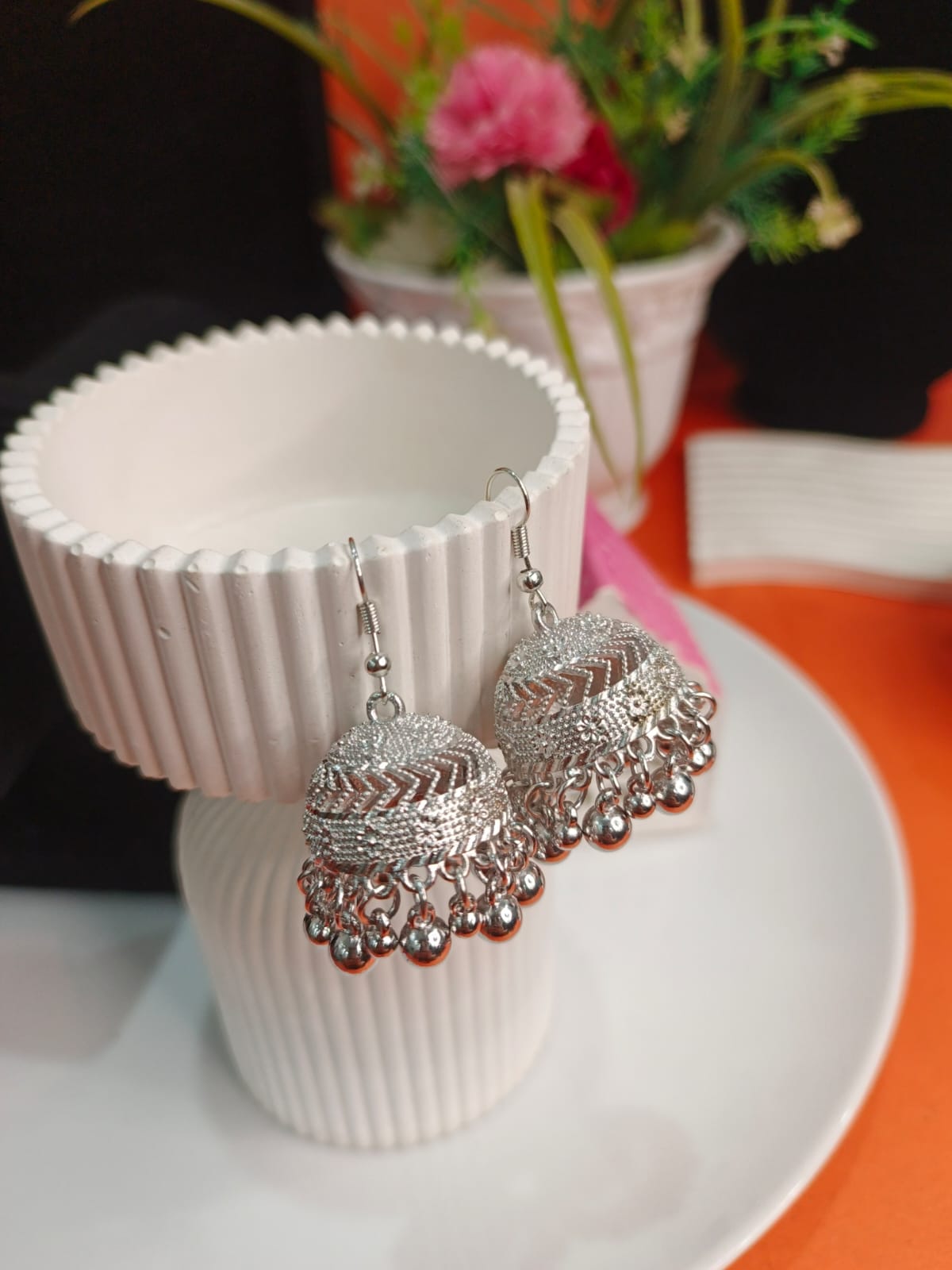 Elegant Silver Jhumka Earrings with Bell Charms