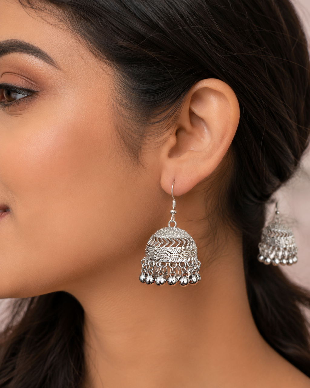 Elegant Silver Jhumka Earrings with Bell Charms